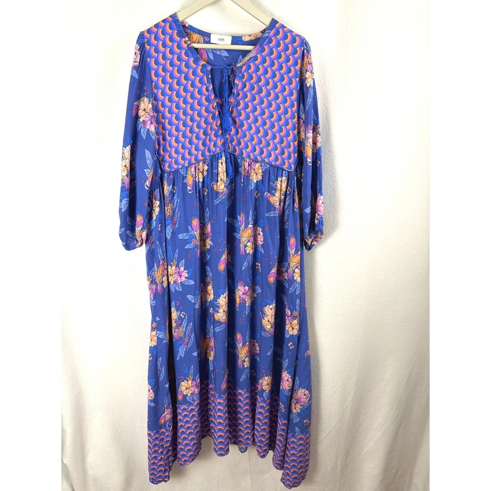 Jaase Blue Floral Bird Geometric Tassel Tie Boho Midi Dress Womens Large